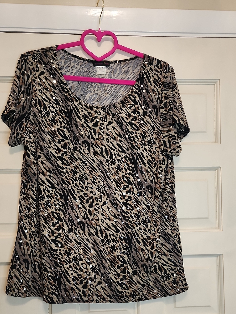BLOOMING ROSE Animal Print Short Sleeve Mirrored Women's Top - Taupe/Black